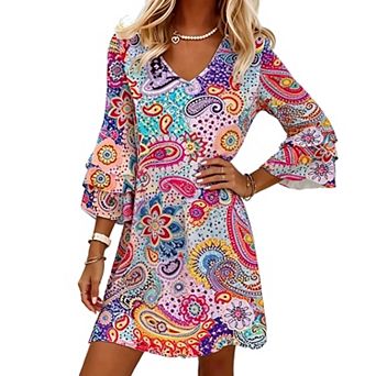 Women V Neck Paisley Floral Print Mini Dress Double Layer Flare 3/4 Sleeve Loose Casual Beach Dress
