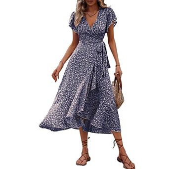 Women Wrap V Neck Ruffle Sleeve Midi Dress Ditsy Floral Tie Waist Irregular A Line Vacation Dress