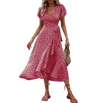 Women Wrap V Neck Ruffle Sleeve Midi Dress Ditsy Floral Tie Waist Irregular A Line Vacation Dress