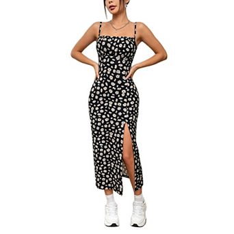Women Spaghetti Strap Square Neck Floral Midi Dress Slim Bodycon High Split Casual Summer Dress