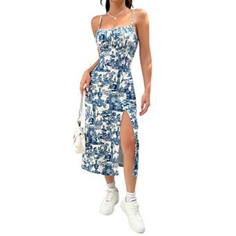 Women Spaghetti Strap Square Neck Floral Midi Dress Slim Bodycon High Split Casual Summer Dress