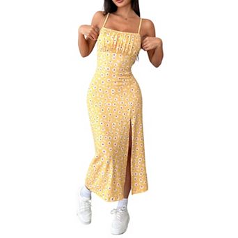 Women Spaghetti Strap Square Neck Floral Midi Dress Slim Bodycon High Split Casual Summer Dress