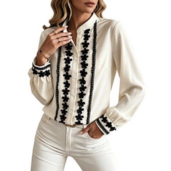 Women Stand Collar Button Down Blouse 3D Floral Lace Trim Lantern Long Sleeve Shirt