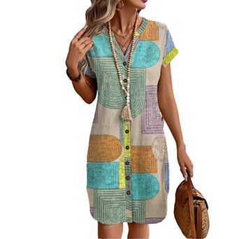 Women V Neck Button Shirt Midi Dress Geometric Print Cuffed Short Sleeve Loose Casual Shift Dress