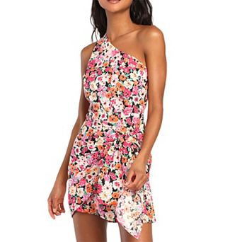 Women One Shoulder Floral Print Mini Dress Wrap Tie Waist Asymmetrical Ruffle Party Short Dress