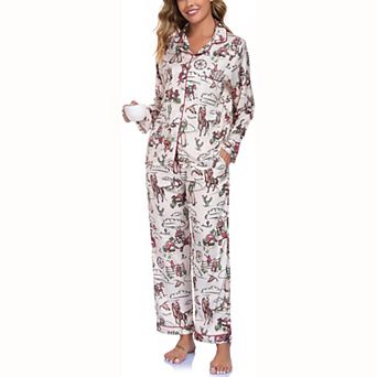 Women Western Cowboy Print Satin Pajama Set Notch Collar Button Long Sleeve Top Long Sleep Pants