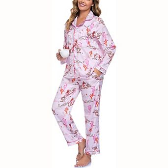 Women Western Cowboy Print Satin Pajama Set Notch Collar Button Long Sleeve Top Long Sleep Pants