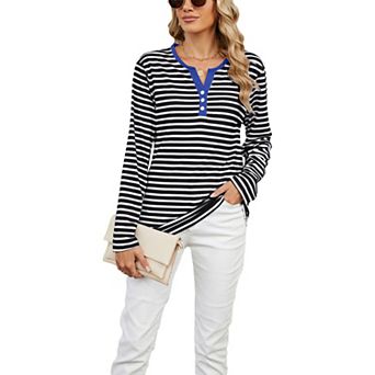 Women Contrast Trim Henley Striped Long Sleeve Tunic Top Notch V Neck Casual Tee