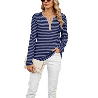 Women Contrast Trim Henley Striped Long Sleeve Tunic Top Notch V Neck Casual Tee
