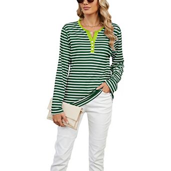 Women Contrast Trim Henley Striped Long Sleeve Tunic Top Notch V Neck Casual Tee
