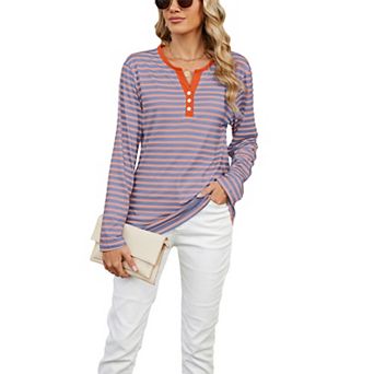 Women Contrast Trim Henley Striped Long Sleeve Tunic Top Notch V Neck Casual Tee
