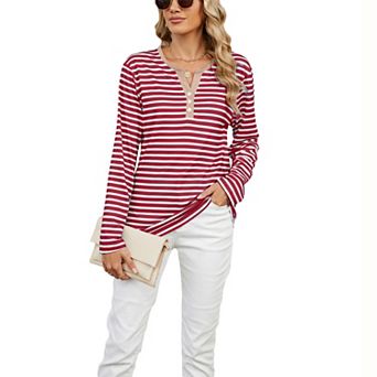 Women Contrast Trim Henley Striped Long Sleeve Tunic Top Notch V Neck Casual Tee