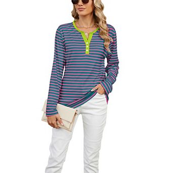 Women Contrast Trim Henley Striped Long Sleeve Tunic Top Notch V Neck Casual Tee