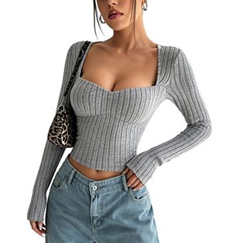 Women Sweetheart Square Neck Ribbed Knit Crop Top Long Sleeve Fitted Casual Tee
