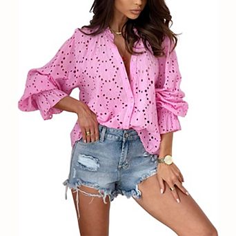 Women Floral Eyelet Embroidery Blouse V Neck Button Down Elastic Cuff Long Sleeve Hollow Shirt