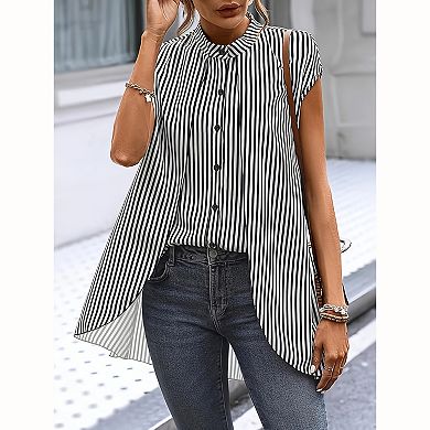 Women Vertical Stripe Stand Collar Button Down Tunic Blouse High Low Curved Hem Shirt