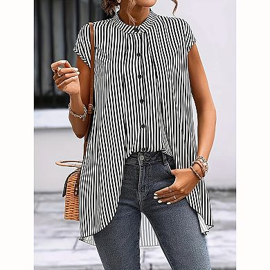 Women Vertical Stripe Stand Collar Button Down Tunic Blouse High Low Curved Hem Shirt