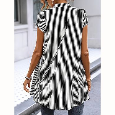 Women Vertical Stripe Stand Collar Button Down Tunic Blouse High Low Curved Hem Shirt