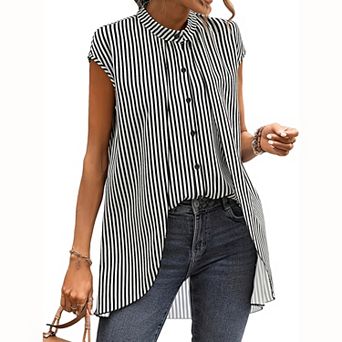 Women Vertical Stripe Stand Collar Button Down Tunic Blouse High Low Curved Hem Shirt