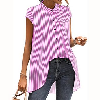 Women Vertical Stripe Stand Collar Button Down Tunic Blouse High Low Curved Hem Shirt
