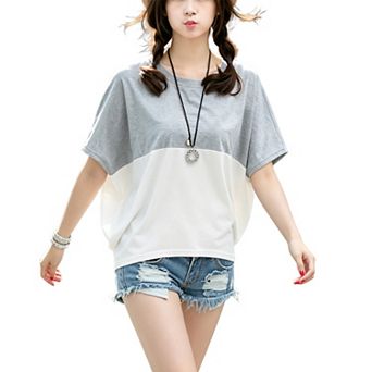 Women Color Block Crew Neck T Shirt Loose Oversized Hem Casual Daily Basic Tee Top
