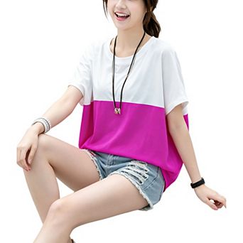 Women Color Block Crew Neck T Shirt Loose Oversized Hem Casual Daily Basic Tee Top