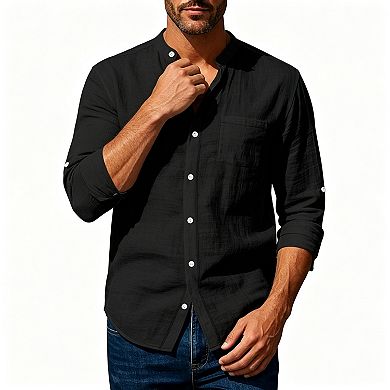 Men Stand Collar Linen Button Down Shirt Adjustable Cuff Chest Pocket Casual Woven Blouse