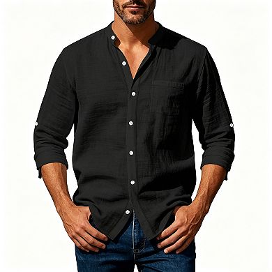Men Stand Collar Linen Button Down Shirt Adjustable Cuff Chest Pocket Casual Woven Blouse