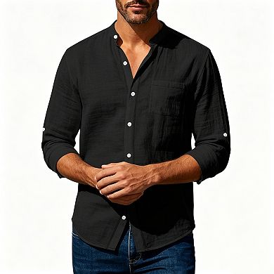 Men Stand Collar Linen Button Down Shirt Adjustable Cuff Chest Pocket Casual Woven Blouse