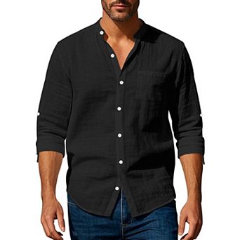 Men Stand Collar Linen Button Down Shirt Adjustable Cuff Chest Pocket Casual Woven Blouse