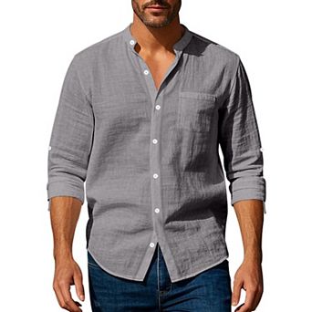 Men Stand Collar Linen Button Down Shirt Adjustable Cuff Chest Pocket Casual Woven Blouse