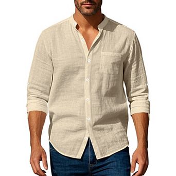 Men Stand Collar Linen Button Down Shirt Adjustable Cuff Chest Pocket Casual Woven Blouse