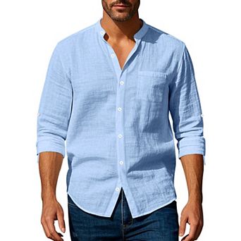 Men Stand Collar Linen Button Down Shirt Adjustable Cuff Chest Pocket Casual Woven Blouse