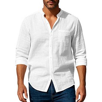 Men Stand Collar Linen Button Down Shirt Adjustable Cuff Chest Pocket Casual Woven Blouse