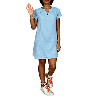 Women Short Sleeve V Neck Linen Cotton Shift Dress Loose Casual Curved Hem Tunic Mini Dress