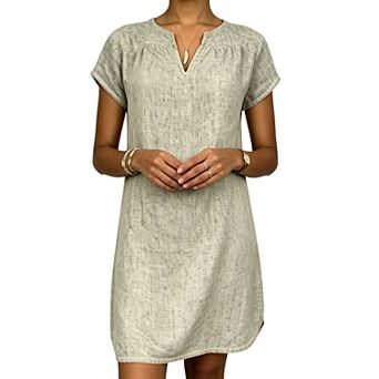 Women Short Sleeve V Neck Linen Cotton Shift Dress Loose Casual Curved Hem Tunic Mini Dress