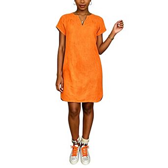 Women Short Sleeve V Neck Linen Cotton Shift Dress Loose Casual Curved Hem Tunic Mini Dress