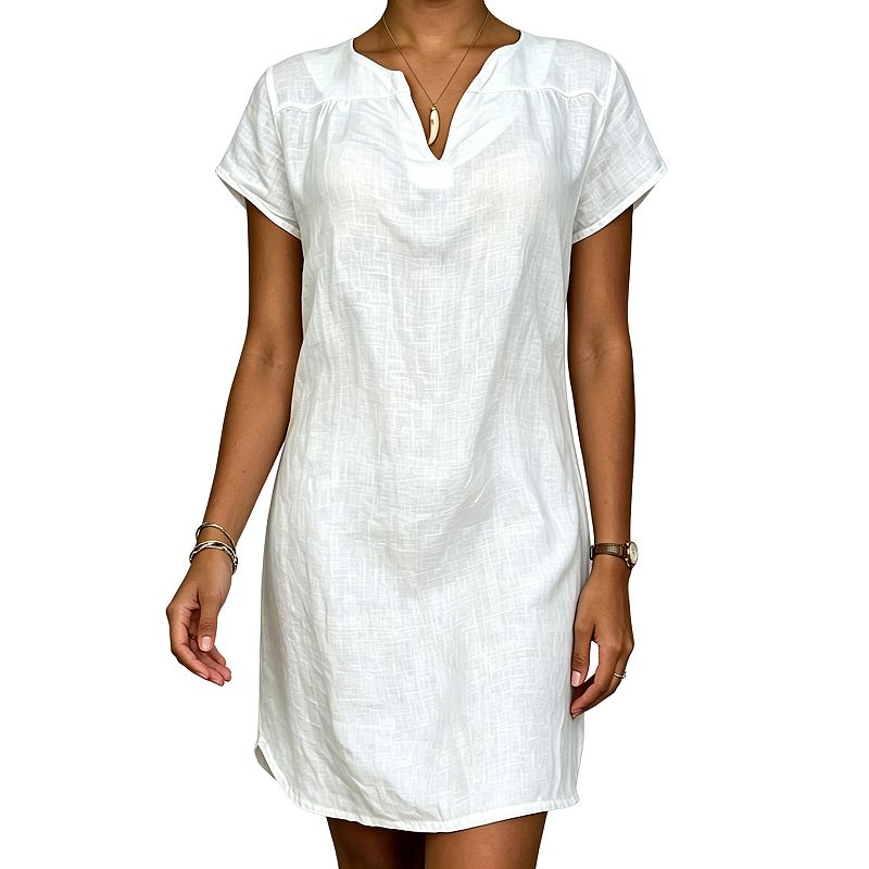 Women Short Sleeve V Neck Linen Cotton Shift Dress Loose Casual Curved Hem Tunic Mini Dress