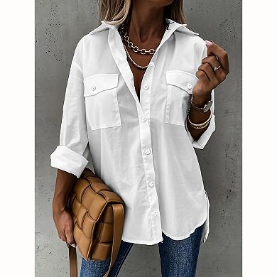 Women Collared Button Down Work Shirt Dual Chest Pocket High Low Hem Loose Woven Blouse