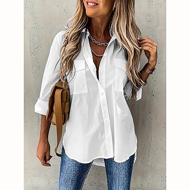 Women Collared Button Down Work Shirt Dual Chest Pocket High Low Hem Loose Woven Blouse