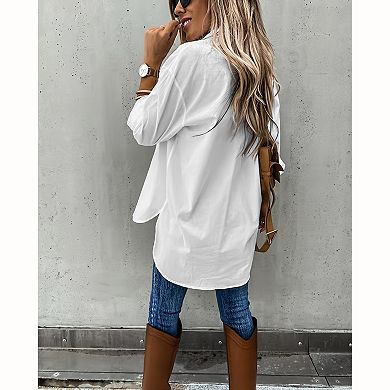 Women Collared Button Down Work Shirt Dual Chest Pocket High Low Hem Loose Woven Blouse