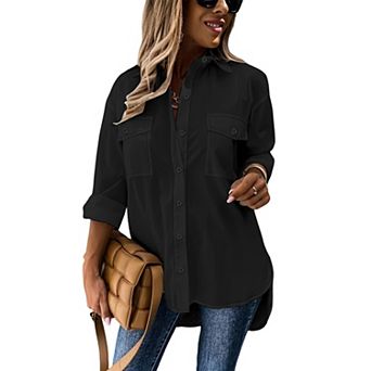 Women Collared Button Down Work Shirt Dual Chest Pocket High Low Hem Loose Woven Blouse