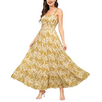 Women Spaghetti Strap Midi Dress Smocked Waist Ruffle Hem Floral Summer Beach Sundress