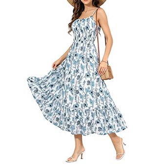 Women Spaghetti Strap Midi Dress Smocked Waist Ruffle Hem Floral Summer Beach Sundress