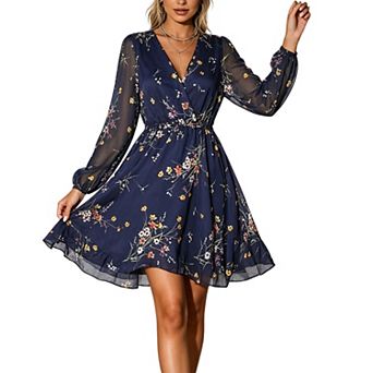 Women Long Sleeve V Neck Chiffon Mini Dress Elastic Waist Floral Print Flowy Swing Party Sundress