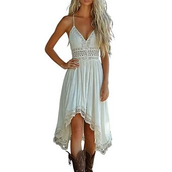 Women Spaghetti Strap V Neck Midi Dress Crochet Lace Waist High Low Hem Flowy Boho Sundress