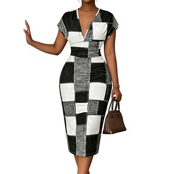 Women Cap Sleeve V Neck Midi Bodycon Dress Patchwork Plaid Print Ruched Waist Pencil Dress