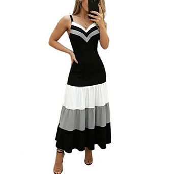 Women Spaghetti Strap V Neck Color Block Maxi Dress Fitted Bodice Tiered Ruffle Flowy Long Sundress