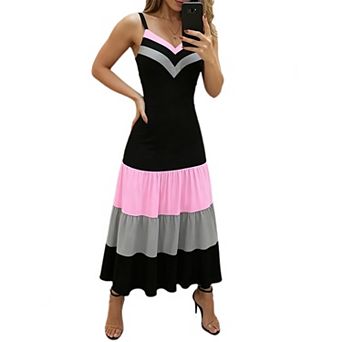Women Spaghetti Strap V Neck Color Block Maxi Dress Fitted Bodice Tiered Ruffle Flowy Long Sundress