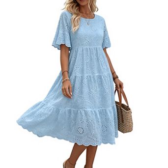 Women Round Neck Flutter Sleeve Eyelet Embroidery Tiered A Line Midi Summer Vacation Dress